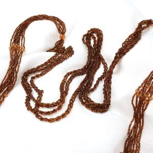 Vintage 1970s Brown Beaded Tassel Necklace Multi Strand Braided Lariat Rope Boho